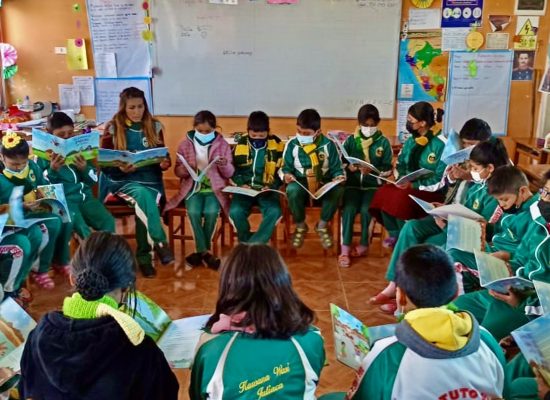 Image of children reading in a circle in Puno, Peru